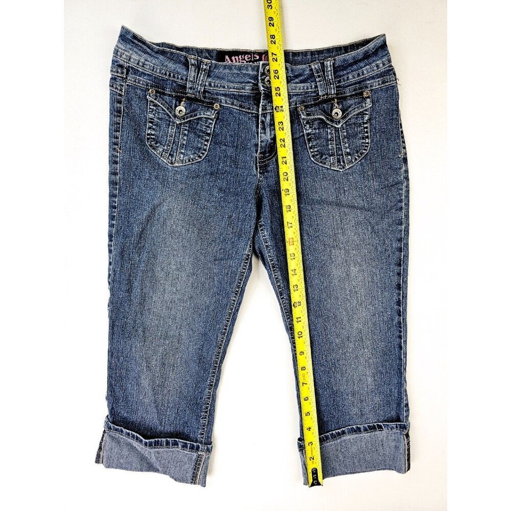 Angels Jeans Size 13 Juniors Women's Blue Cropped Capri Ramie Blend Logo Denim - Picture 11 of 11